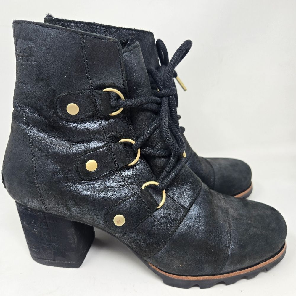 SOREL Addington Chelsea Lace Up Boots Black Leather Lux Holiday Shearling Sz 11‎